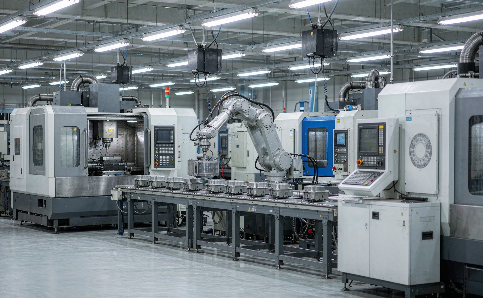离散型制造车间实景：CNC 加工中心、工业机械臂与自动化装配线